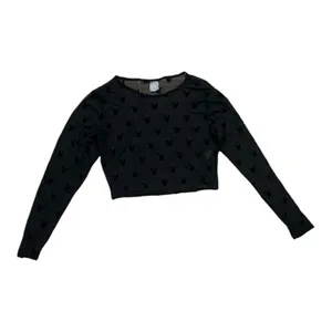 Play Boy Women Crop Top Size L/XL Black Lace Sheer Long-Sleeve Scoop-Neck Blouse thumbnail 2