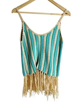 Anthropologie RAGA Blue Tan Crochet Knit Fringe Hem Tank Top Size Small thumbnail 1