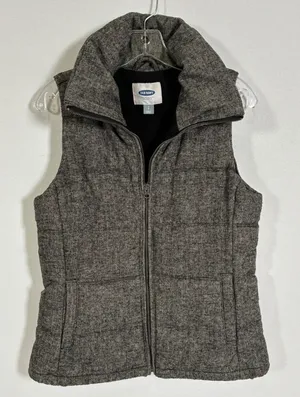 Old Navy Womens Gray Herringbone Puffer Vest Wool Blend Funnel Neck Small thumbnail 1