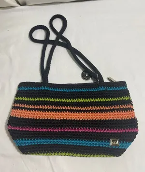 The Sak Crochet Knit Shoulder Bag Black Multicolor Striped Zip Boho Handbag thumbnail 1