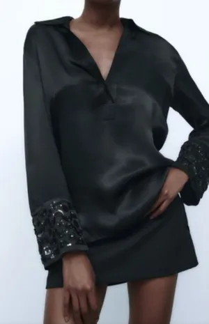 NEW Zara Black Satin Tunic Top With Embellished Sleeve thumbnail 1