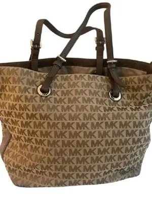 Michael Kors Brown Monogram MK Logo Jet Set Tote handbag purse thumbnail 1