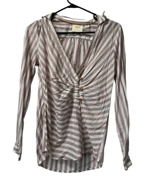 Anthropologie Maeve Wrap Surplice Blouse White Tan‎ Striped Women Size 0 Cottage thumbnail 1