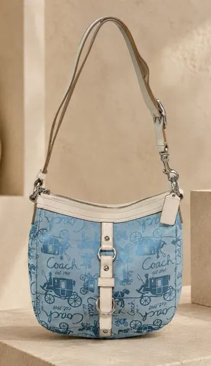 Coach Signature Canvas Bucket Shoulder Bag Blue Cream Adjustable Strap thumbnail 1