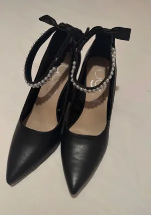 Black Heels with Pearl Ankle Strap and bow thumbnail 1