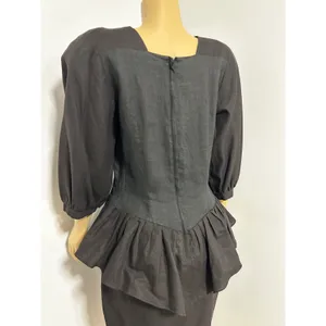 Vintage Moonglow Black Ramie Cotton Peplum Dress Floral Eyelet Embroidered L thumbnail 5