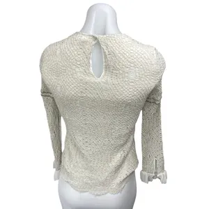 Massimo Dutti White Embroidered Mesh Ruffle Crew Long Sleeve Blouse Top Size 6 thumbnail 2