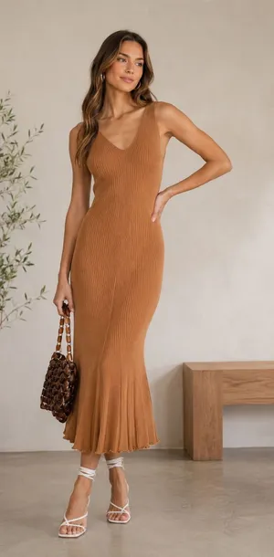 Free People Sweet As Honey Dress Copper Ribbed Maxi Low Back Sleeveless Large thumbnail 1