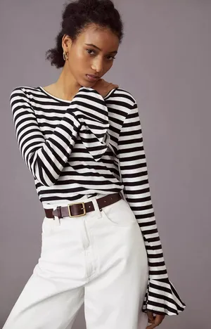 Anthropologie Maeve Flouncy Stripe Women's Blouse Top Shirt Large Ruffle Cuff‎ thumbnail 1