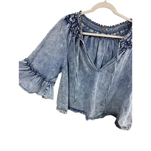 Free People Top Acid Wash Ruffle Bell Sleeve Boho Women's Med Blue Boho Cotton thumbnail 4