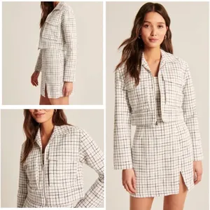 Abercrombie & Fitch Full Zip Up Cropped Tweed Plaid Squares Shirt Jacket Sz L thumbnail 2