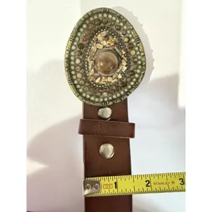 Vintage Congac Full Grain Leather Belt Stone Jewel Buckle Boho Hobo Western Y2K thumbnail 7