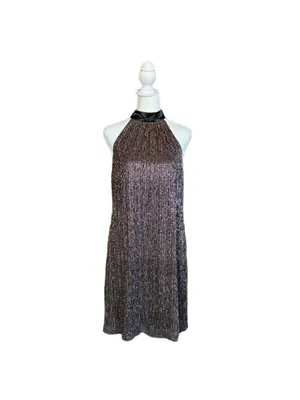 Laundry by Shelli Segal Metalli Gold Shimmer & Black Satin Bow Halter Mini DSz 6 thumbnail 3