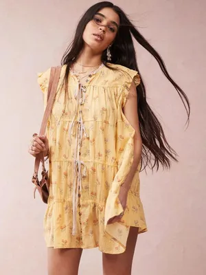 Free People Bohemian Prairie Sundown Mini Dress Tunic Top Sunshine Combo Large thumbnail 1