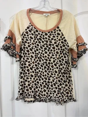 Umgee Cream Leopard Raglan Top with Brown Trim thumbnail 1