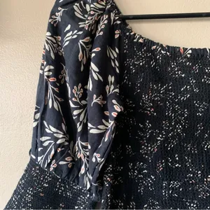 Zara Penny Ruched Black Floral Linen Blend Boho Puff Midi Dress Size Small thumbnail 5