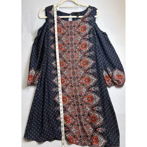 AUW Cold Shoulder Shift Dress Size 12 Navy Orange Paisley Boho 3/4 Sleeve 459477 thumbnail 11