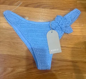 NWT MESHKI Skye Floral Crochet Tie Up Bikini‎ Bottom Blue Size L thumbnail 1