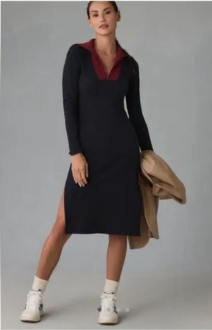 NWT Anthropologie Daily Practice Ribbed Knit 1/4 Zip Mock Neck Midi Dress Size S thumbnail 1