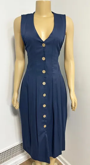 Y2K 90s Willow Ridge Vintage Navy Blue Button Down Pleated Midi Dress 10P USA thumbnail 1