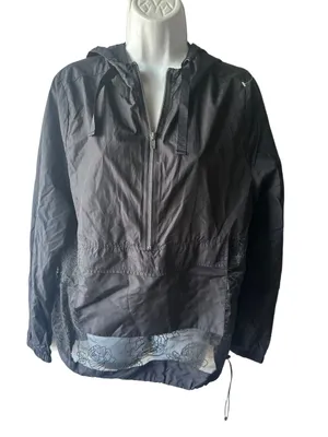 Fabletics Black Half Zip Windbreaker Jacket M Hooded Sheer Floral Lace Hem thumbnail 1