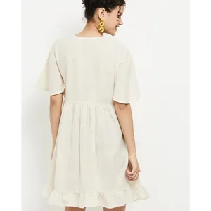 Max Women Cream Cotton Boho Embroidered V-Neck Ruffle Hem Mini Dress thumbnail 5