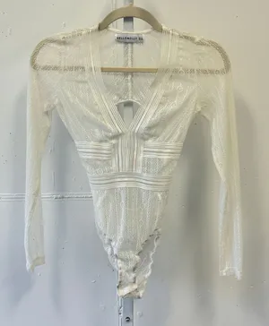 Hello Molly White Lace SheerLong Sleeve Open Back V-Neck Bodysuit Womens XS thumbnail 1