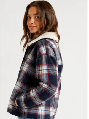 Aerie Cropped Plaid Sherpa-Lined Jacket in Navy thumbnail 4