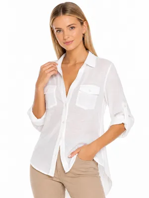 a.n.a White Button Down High Low Roll Tab Sleeve Utility Blouse Shirt Small thumbnail 3