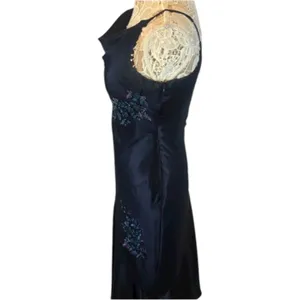 Y2K Alex Evenings navy beaded slip cowl neck floral satin formal Gown small thumbnail 9
