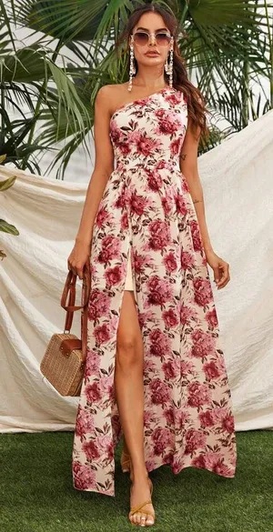 SHEIN One Shoulder Pink Floral Maxi Dress Size Medium thumbnail 1