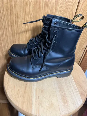Dr. Martens Black Lace-Up Leather Boots with Yellow Stitching thumbnail 2