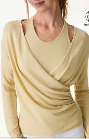 OGL Move Women XS Yellow Draped Wrap Front V-Neck Long Sleeve Athleisure Top Tee thumbnail 1
