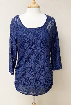 Navy Blue Lace Ruched 3/4 Sleeve Blouse Top Women’s Medium thumbnail 1