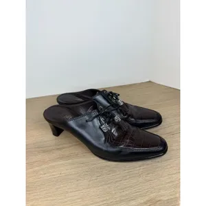 Bia Tassle Mules Women 8M Black Brown Croc Embossed Leather Lace Up Block Heel thumbnail 8