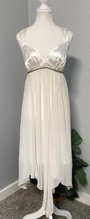 White Ivory Dress Empire Waist Rhinestone Handkerchief Hem Fairycore Whimsical thumbnail 1
