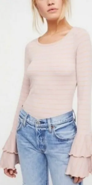 Free People We The Free Bell Sleeve Striped Pink Scoop Neck Top Small thumbnail 1