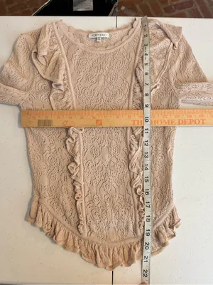 Ronny Kobo Tan Pointelle Open-Knit Bell Sleeve Ruffle Sweater Top Size Small thumbnail 6