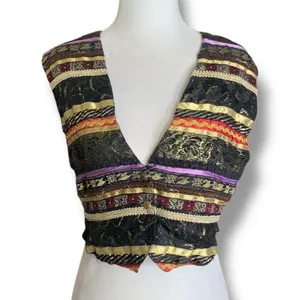 Vintage Vest Eclectic Lace Ribbon Trimmed Boho Cropped Waistcoat Art To Wear thumbnail 2
