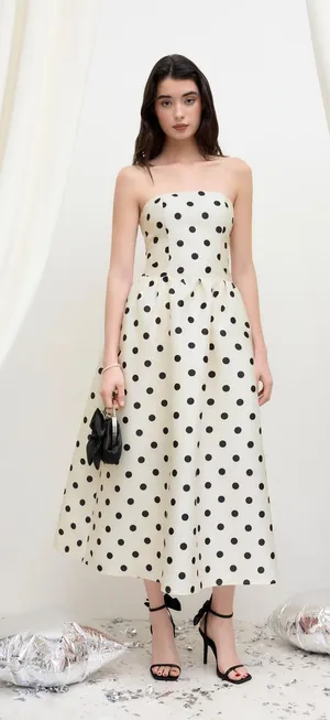 Cider Sculptural Bandeau Polka Dot Maxi Dress NWT Cream Black Size Small thumbnail 1