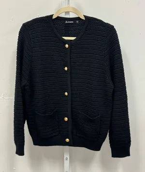 Anrabess Black‎ Knit Cardigan Sweater Gold Crest Button Front Pocket Size Medium thumbnail 1