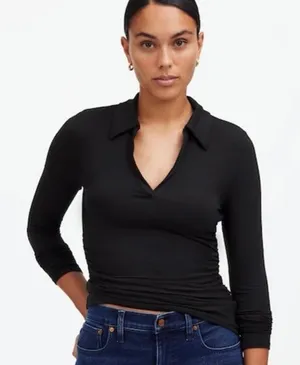Madewell Large Black Side Cinch Long Sleeve Slim Fit Polo Top NS603 Minimalist thumbnail 1