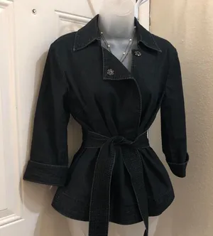 Apostrophe 2000s Y2K Goth Grunge office siren core Black denim fitted blazer jacket belted tie waist 3/4 sleeve & pockets-Size S Measurements in pics Excellent condition thumbnail 1