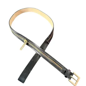 Michael Kors Black Leather Belt Gold Zipper Detail Fashion Buckle Size L Flaw thumbnail 1
