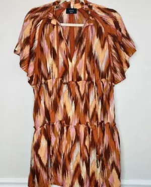 VICI Mini Dress Boho Burnt Orange Ikat Design‎ Flowy Short Sleeve thumbnail 1
