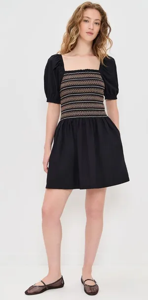 NWT Madewell Smocked Puff Sleeve Mini Dress black XXS Cottagecore thumbnail 1