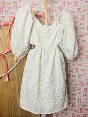 Moodie White Textured Floral Mini Dress w/ Puff Sleeves Cutout Bridal Summer S thumbnail 1