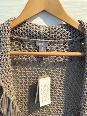 Chicos Open Weave Fringe Cardigan Shrug in Taupe thumbnail 2
