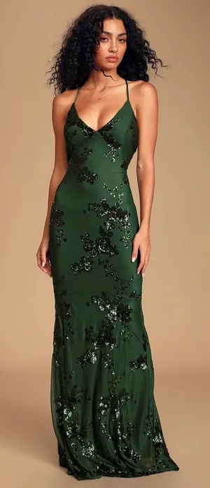 NWT Lulus Valhalla Forest Green Sequin Lace-Up Maxi Dress Glam Holiday Size M thumbnail 1