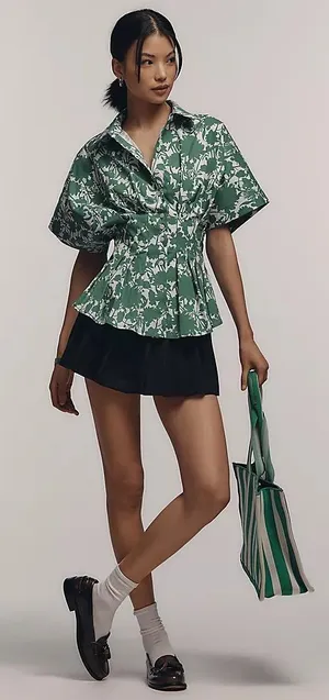 Anthropologie Exquise The Tobie Short-Sleeve Pleated Blouse in Green Size XXS thumbnail 1